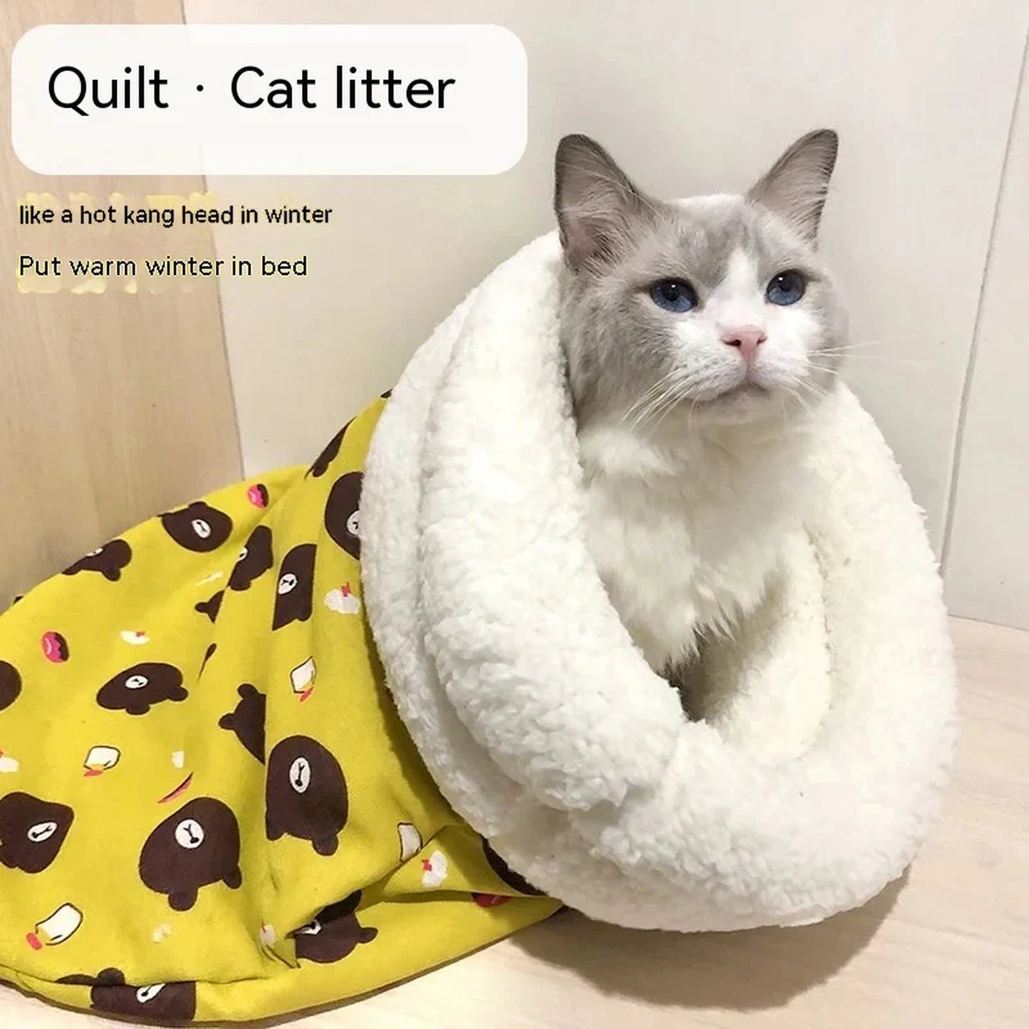 Cozy Cartoon Cat Sleeping Bag Bed – Warm Plush Cat Nest for Winter