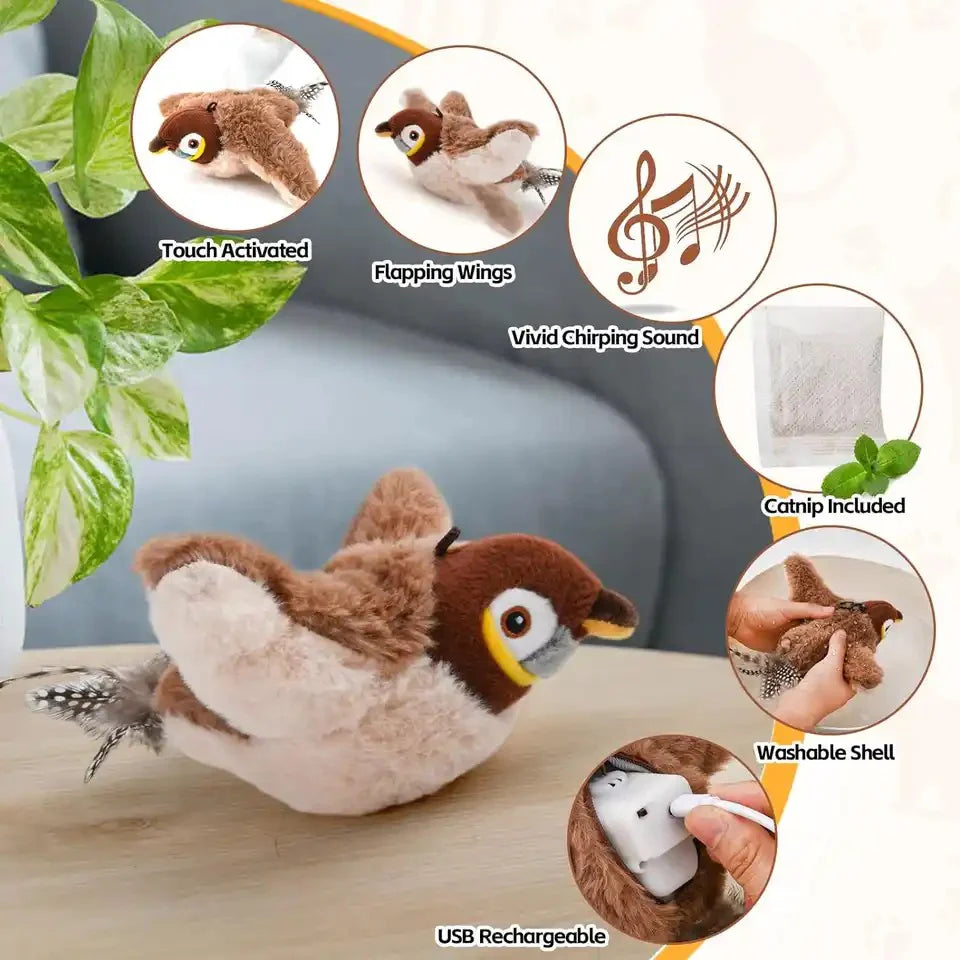 Interactive Chirping Flapping Bird Toy for Cats | Touch-Activated Hunting Toy